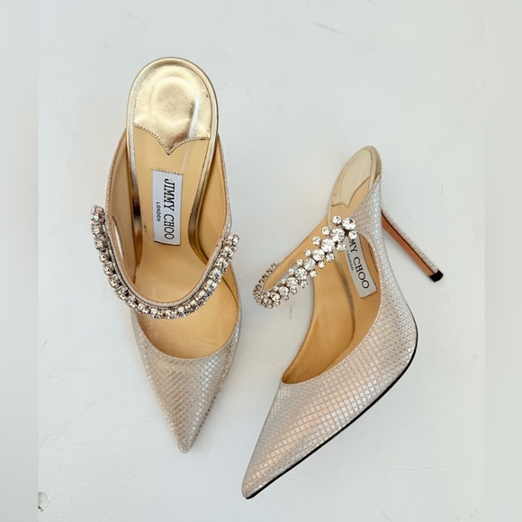 Jimmy Choo Gold Champagne Bing 100 Glitter Fabric Mules w/ Crystal Strap EU 37.5 - Picture 3 of 10